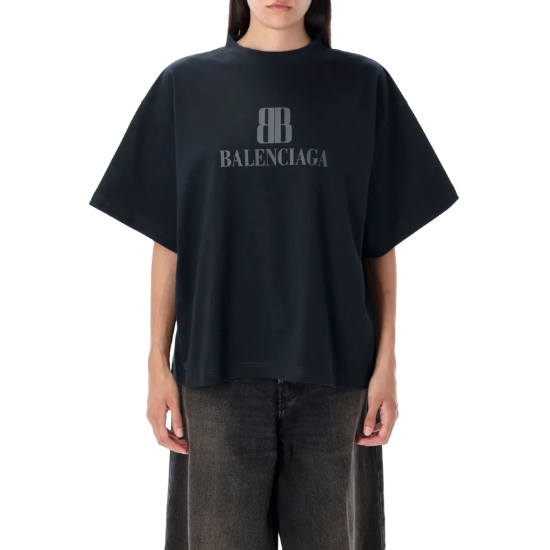 Balenciaga T-shirt Faded Black Cropped T-Shirt With Ribbed Crew Neck Black
