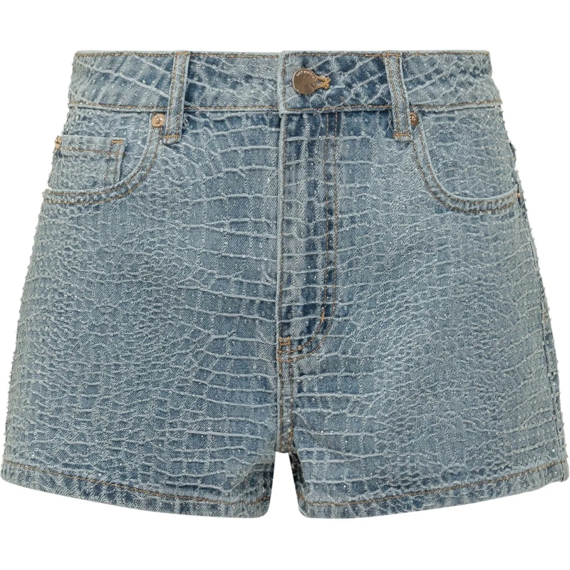 Self Portrait Shorts Shorts in Denim con Texture Effetto Croco hellblau