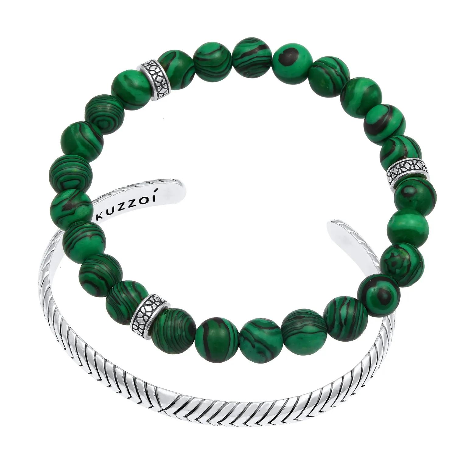 Thumbnail - Kuzzoi Armbänder - Armband Herren 2er Set Oxidiert Achat Grün 925 Sil - Gr. 19 CM - in Grün - für Damen