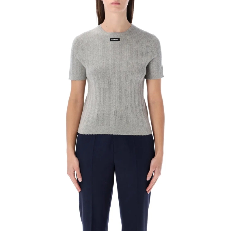 Miu Miu T-shirt Short-Sleeve Ribbed Cotton Top With Logo Patch Black