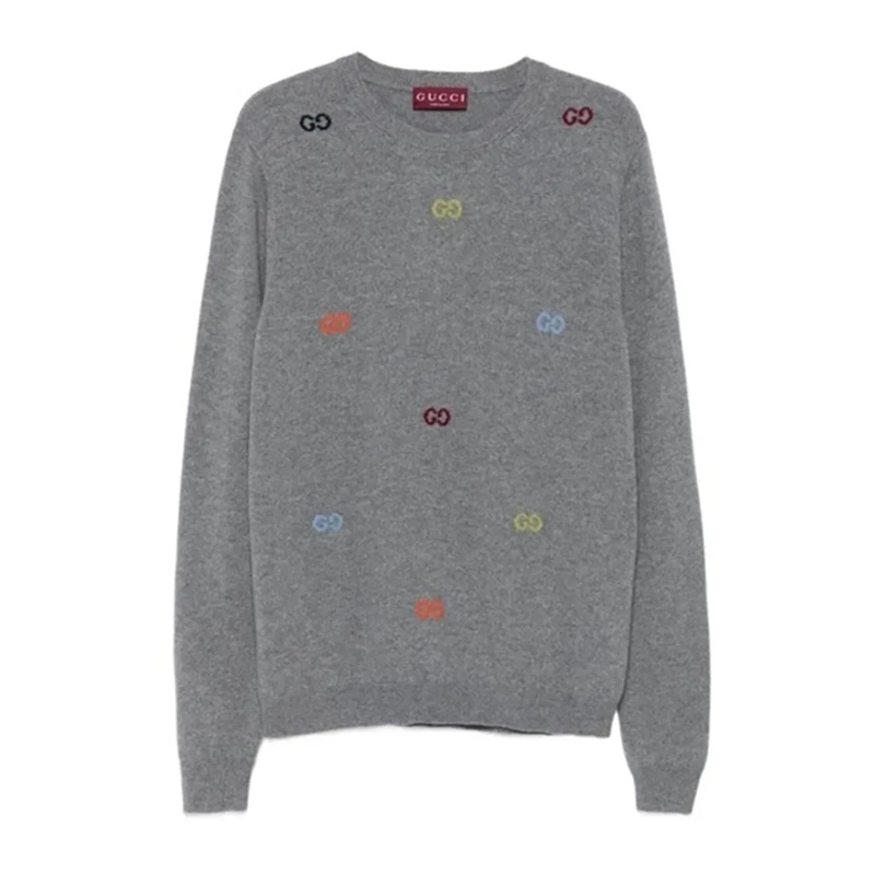 Gucci Pullover Long-Sleeve Crewneck Sweater With Multicolored Emb Grey