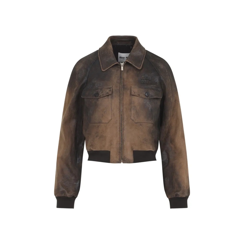 Miu Miu Leren jas Tailored Lamb Leather Jacket With Distressed Finis Brown