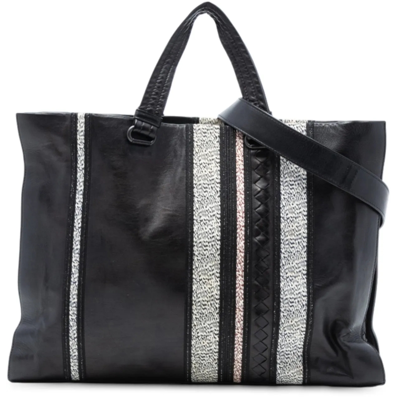 Bottega Veneta Schultertasche Intrecciato Trimmed Nappa Vertical Stripe Tote schwarz