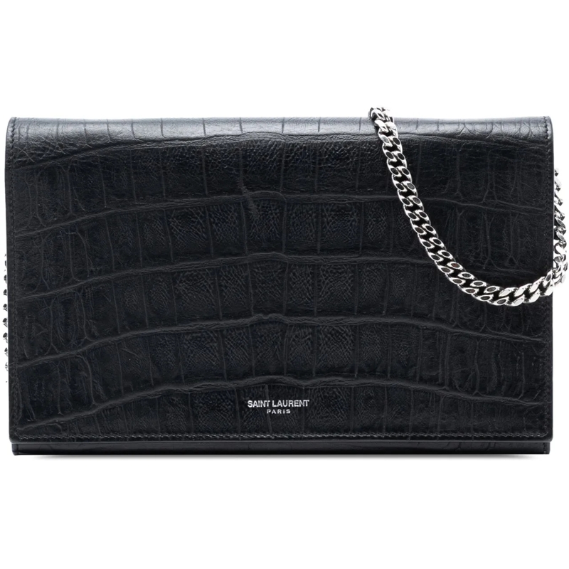 Saint Laurent Schultertasche Croc Embossed Leather Wallet On Chain schwarz