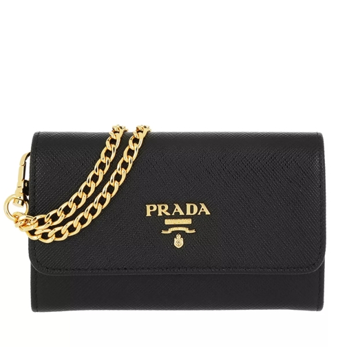 Prada Card Case Chain Saffiano Logo Lettering Nero Wallet On A Chain