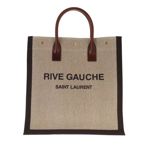 Saint Laurent Rive Gauche Tote Bag Printed Linen Leather Gold Rymlig shoppingväska