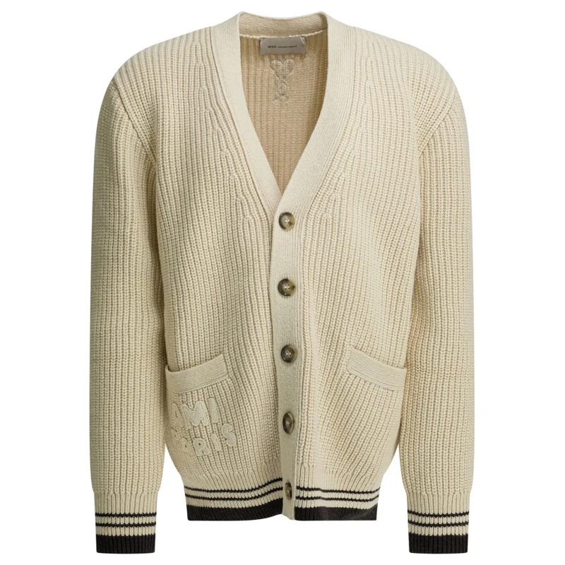 AMI Paris Cardigan Chunky Ribbed Knit Cardigan With Button-Up Front A Neutrals