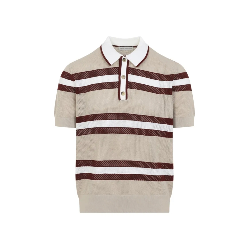 Dries Van Noten Polo Textured Polo Shirt With Horizontal Stripe Design Neutrals