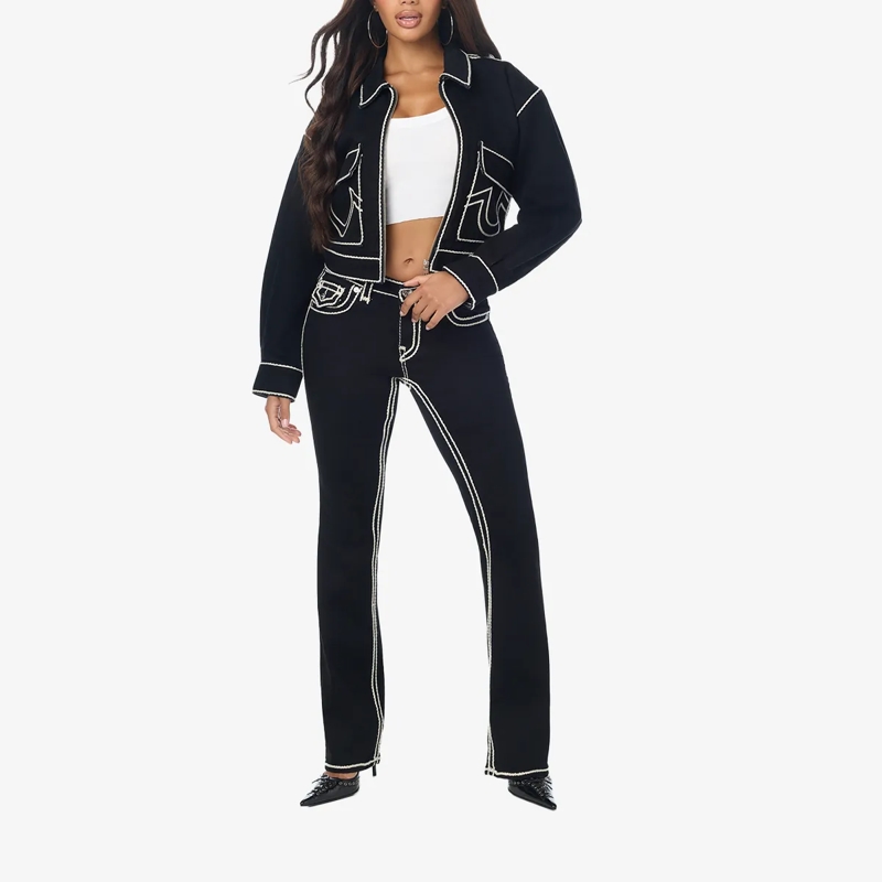 True Religion Jeansjacke - Gerader Schnitt- Verkürzte Form- Weiße Ziernäh schwarz