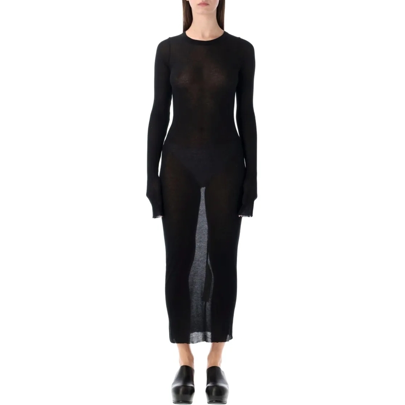 Rick Owens Midi-jurk Ribbed Long Sleeves Dress Black