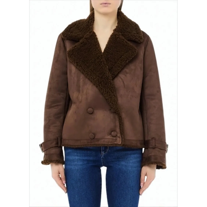 LIU JO  Brown Faux Suede Fabric Short Coat White