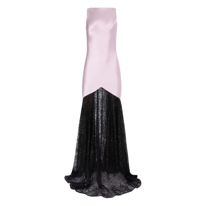 Nina Ricci Avondjurk Purple Satin-Draped Evening Dress With Black Lace  Pink