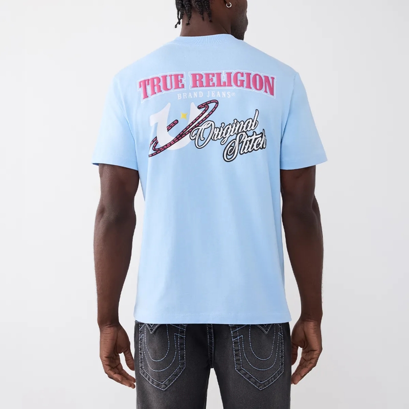 True Religion T-Shirt T-Shirt- Gerader Schnitt- Überschnittende Schul hell-blau(Image 4)