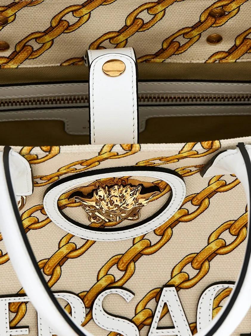 Versace Shoppers & Totes Small 'Chain Stripes La Medusa' Shopping Bag in beige