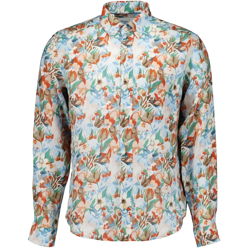 Eton  Eton Floral Linen Print Shirt Lange Mouw Overhemde orange