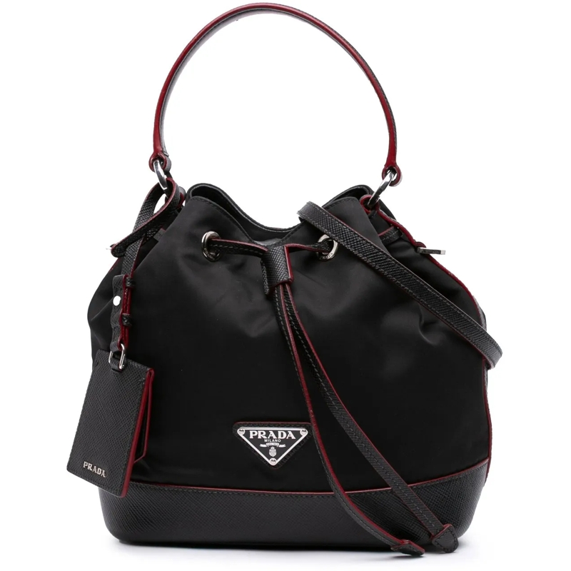 Prada Sac à bandoulière Saffiano Trimmed Tessuto Bucket Bag schwarz