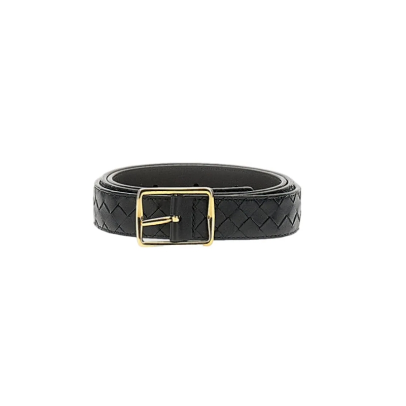Bottega Veneta Gürtel Braided Leather Belt With Polished Gold-Tone Buckl Black