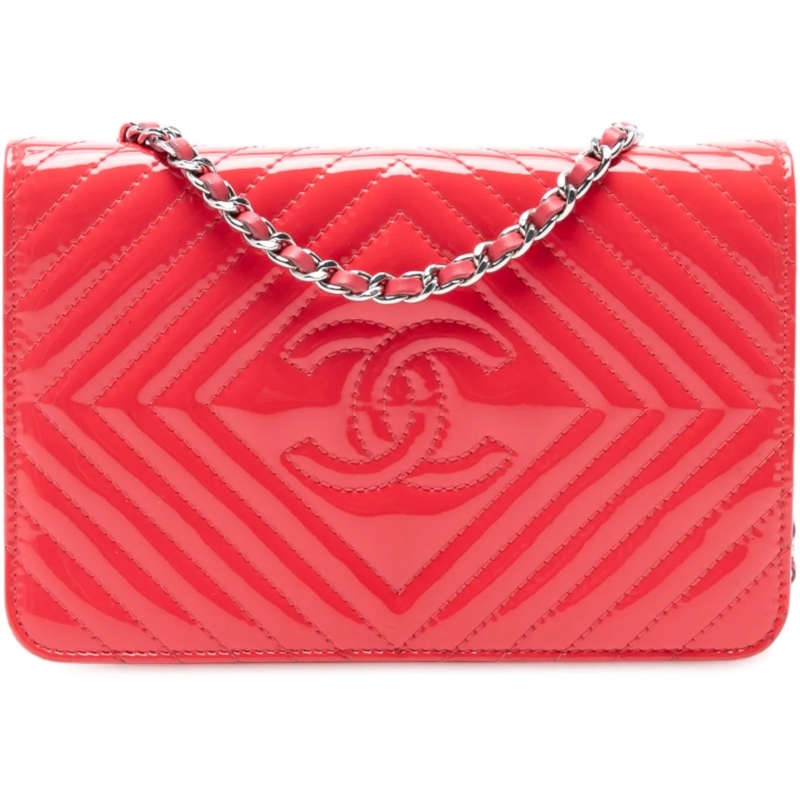 Chanel Schultertasche CC Patent Diamond Quilted Wallet On Chain rot