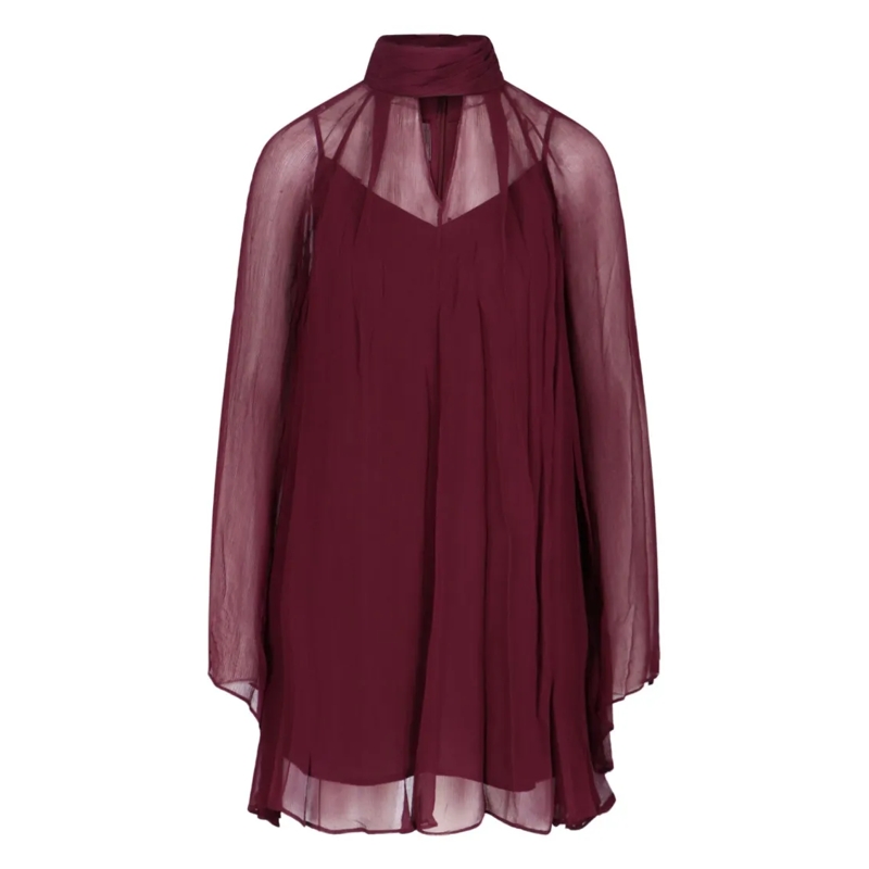 Staud Midi-jurk High-Neck Mini Chiffon Dress With Asymmetrical Hem Burgundy