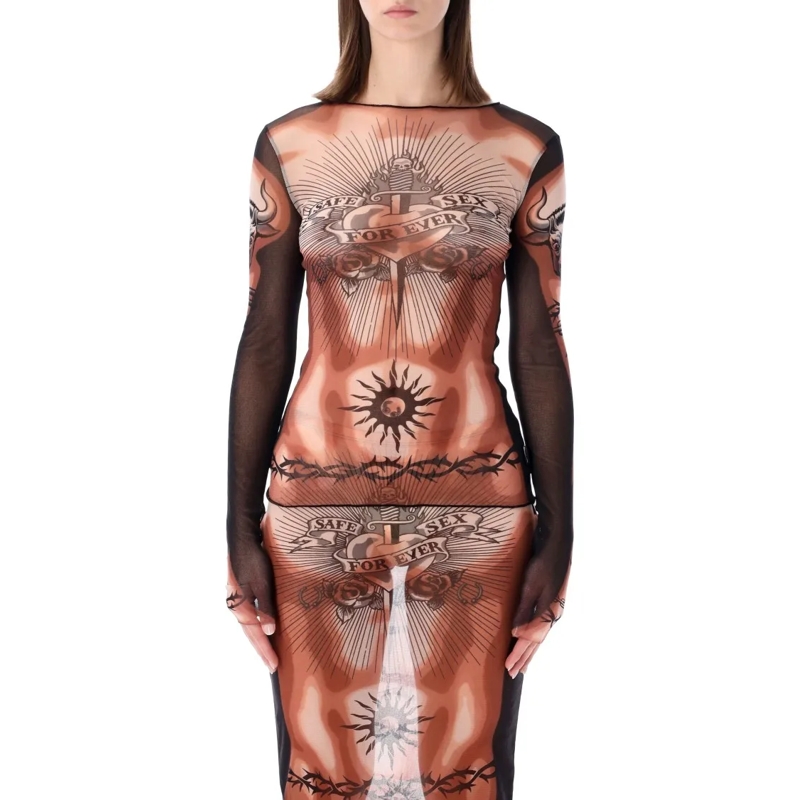 Jean Paul Gaultier Langärmeliges Oberteil Re-Edition Safe Sex Tattoo Tulle Top Brown