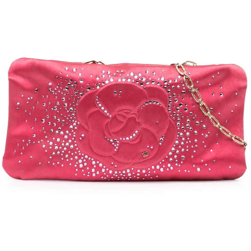Chanel Schultertasche Satin Diamante Camellia Clutch with Chain rose