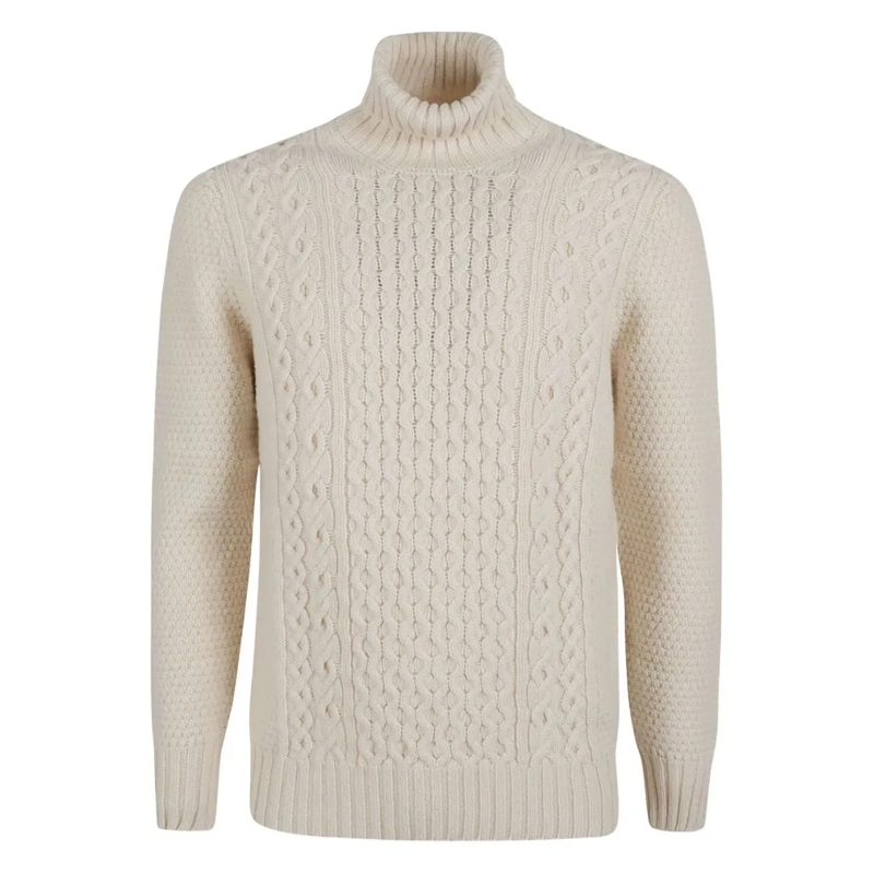 Drumohr Pull Textured Off-White Lambswool Turtleneck Sweater Neutrals