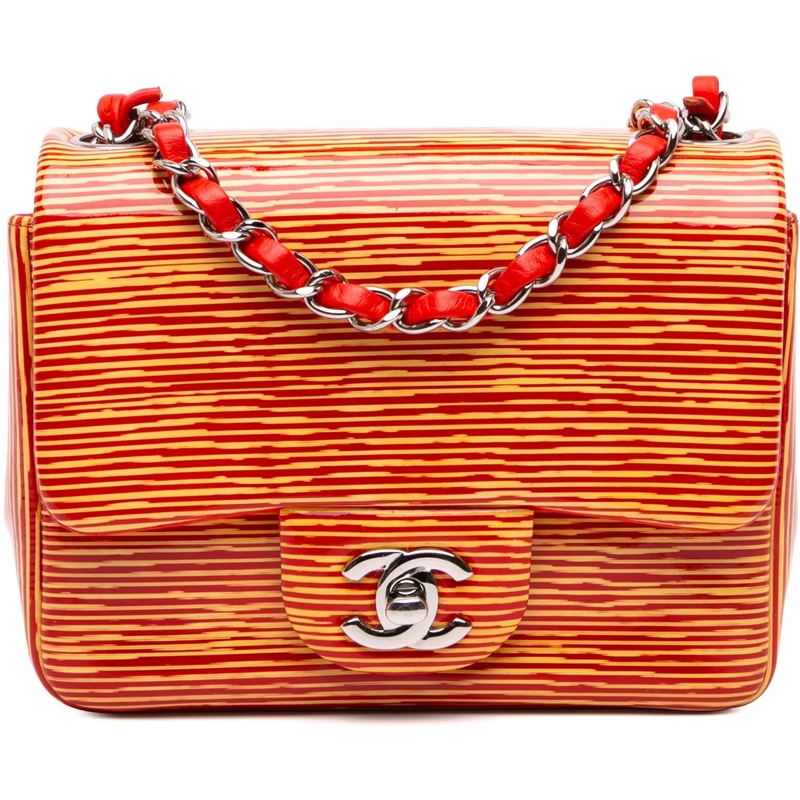 Chanel Schultertasche Mini Square Classic Patent Striped Single Flap orange