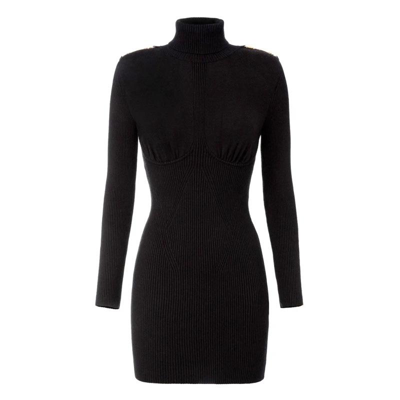 Elisabetta Franchi Mini-robe Ribbed Long Sleeve Dress With Turtleneck Black