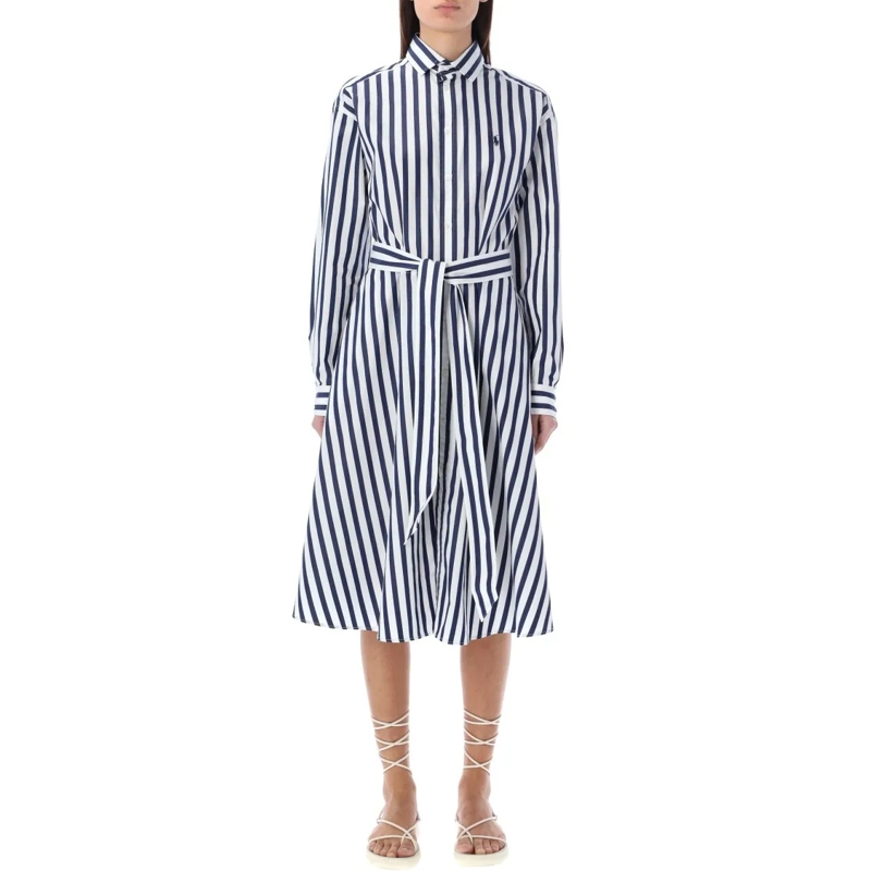 Polo Ralph Lauren Midi-jurk Striped Cotton Belted Shirtdress Blue