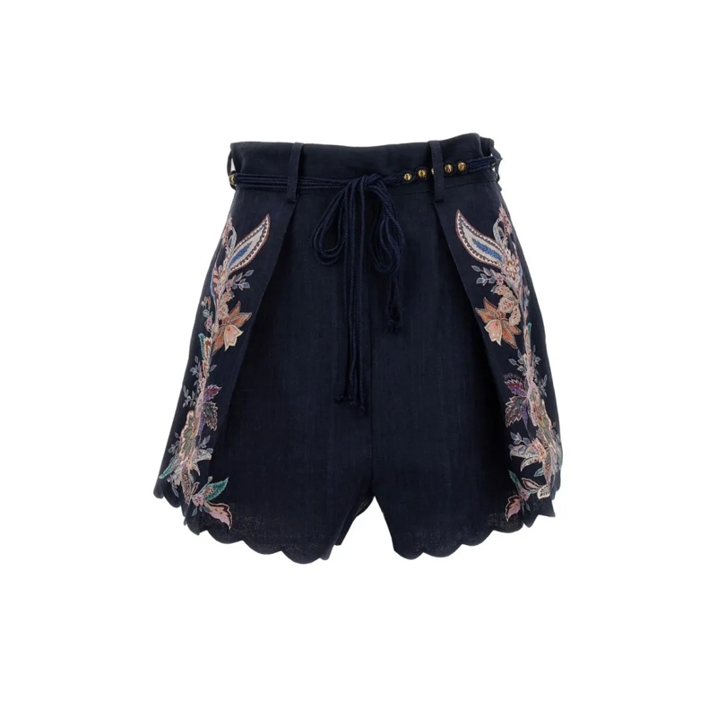 Zimmermann Legere Shorts Pleated Floral-Print Shorts With Scalloped Hem And Black
