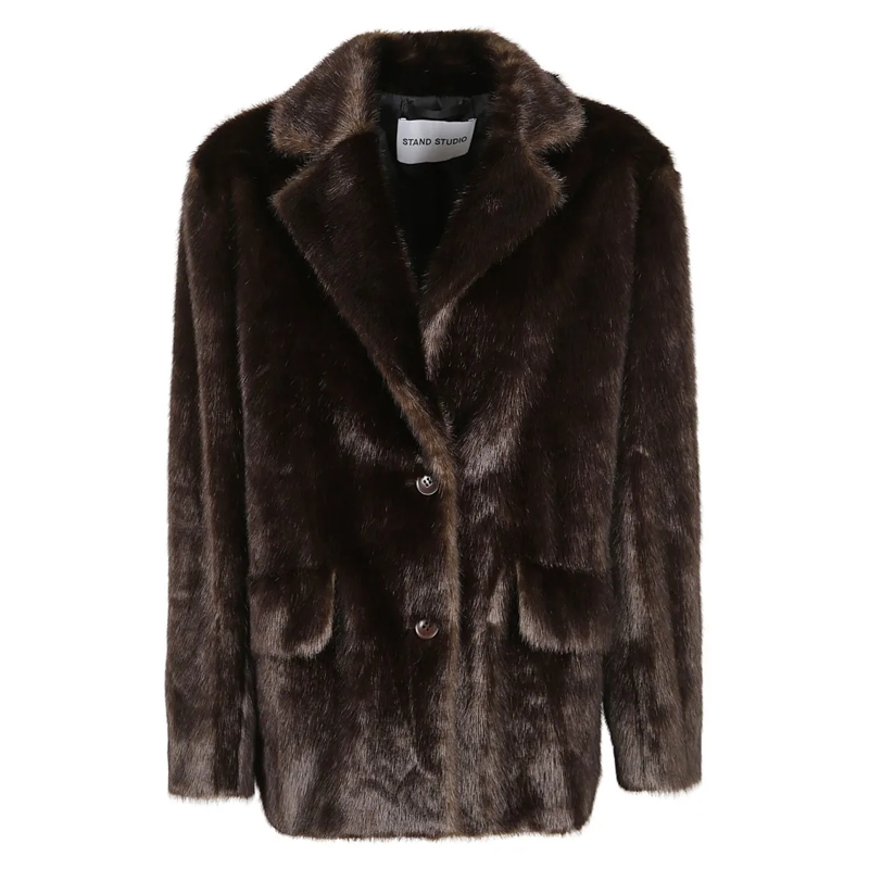 Stand Studio  Tailored Short Coat With Faux Fur Texture Brown