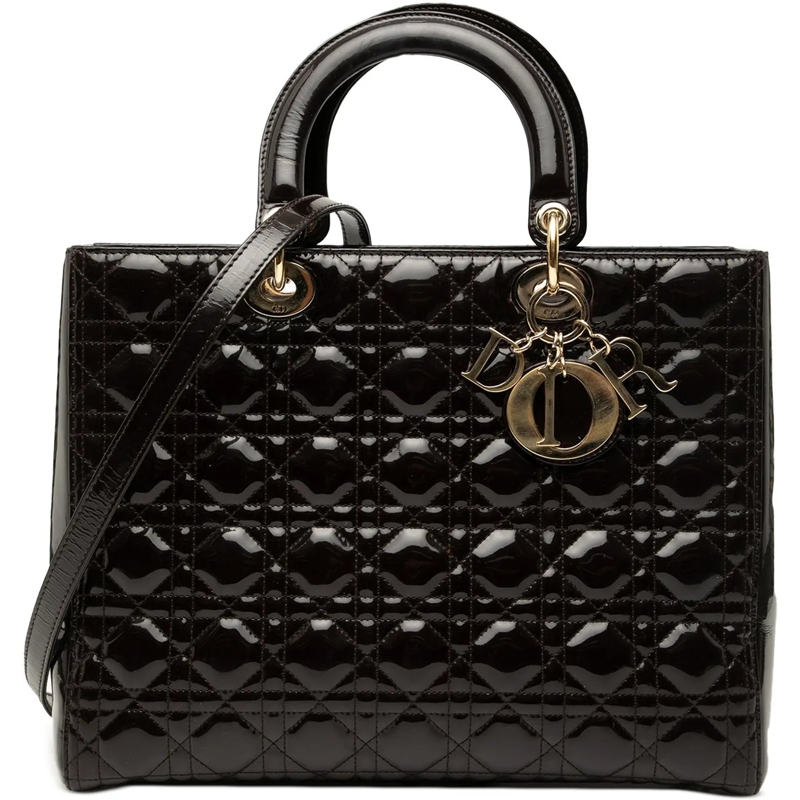 Christian Dior Schultertasche Large Patent Cannage Lady Dior braun