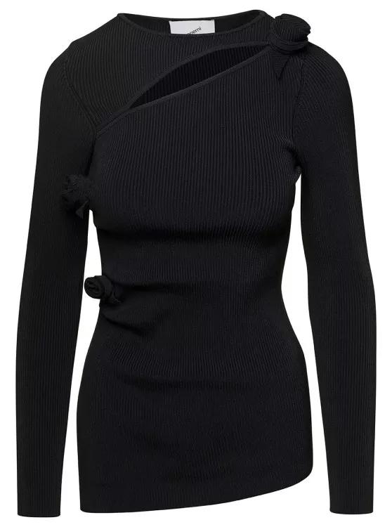 Coperni Black Ribbed Top With Cut-Out And Rose Appliques I Black