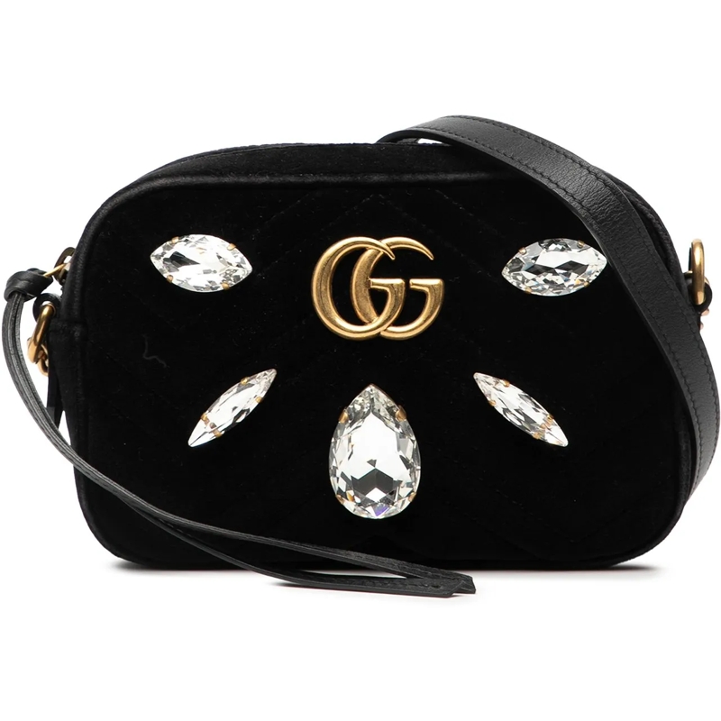 Gucci Schultertasche Mini GG Marmont Crystal Embellished Matelasse Velv schwarz
