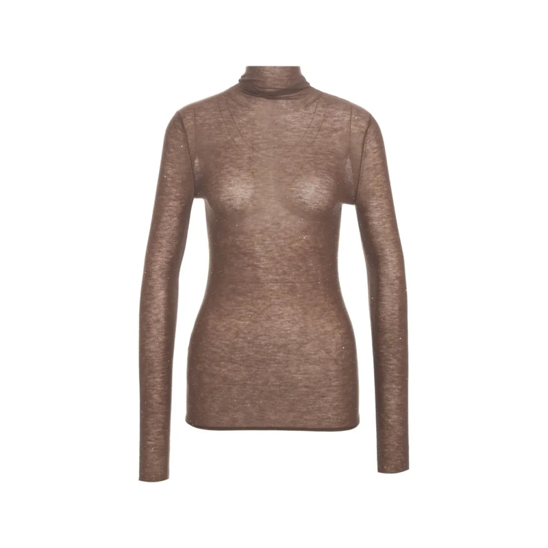 Pinko Langärmeliges Oberteil High-Neck Slender-Fit Top With Semi-Transparent Kn Brown