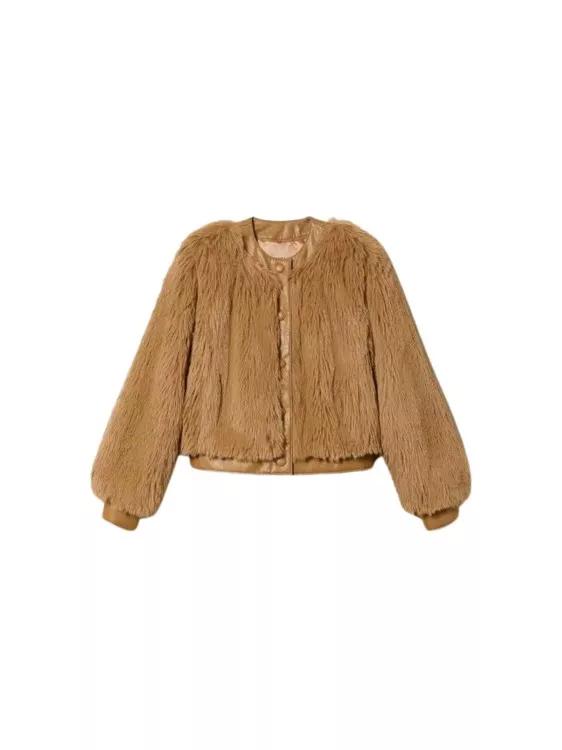 TwinSet Beige Short Faux Fur Jacket Brown