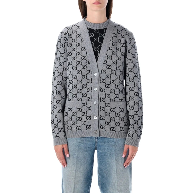Gucci Strickjacke Gg Monogram Wool Reversible Cardigan Grey