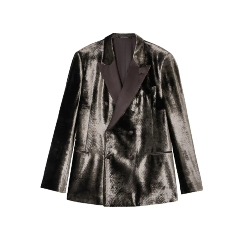 Emporio Armani Blazer Double-Breasted Herringbone Velvet Blazer Black