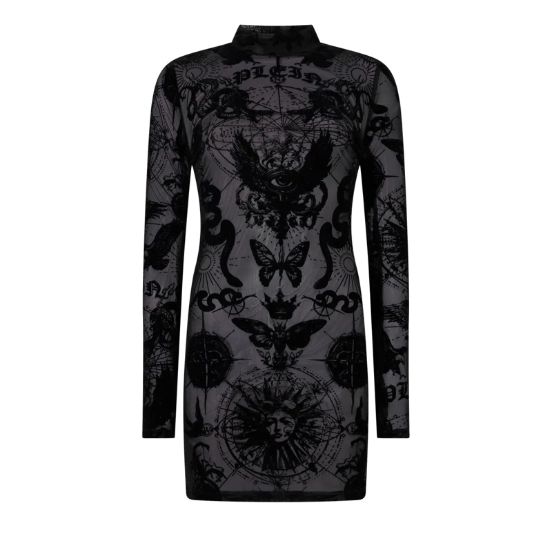 Philipp Plein Minikleid Long Sleeve Mini Dress Flock Butterfly Tattoo schwarz