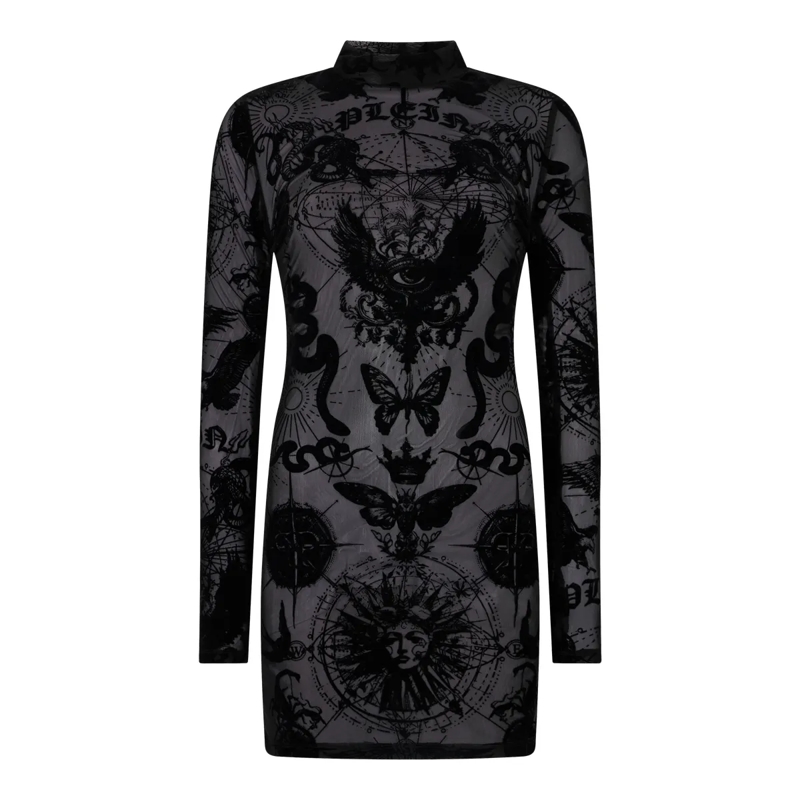 Philipp Plein Minikleid Long Sleeve Mini Dress Flock Butterfly Tattoo schwarz