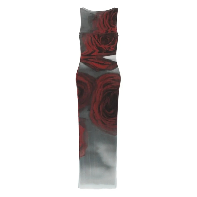 Jean Paul Gaultier  Dark Red Blurry Roses Print Sleeveless Tulle Maxi  Grey
