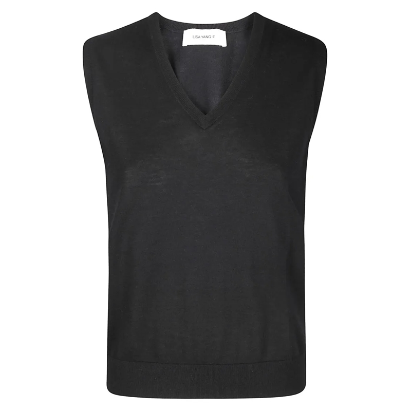 Lisa Yang Pullover V-Neck Sleeveless Top In Soft Cashmere With Contra Black