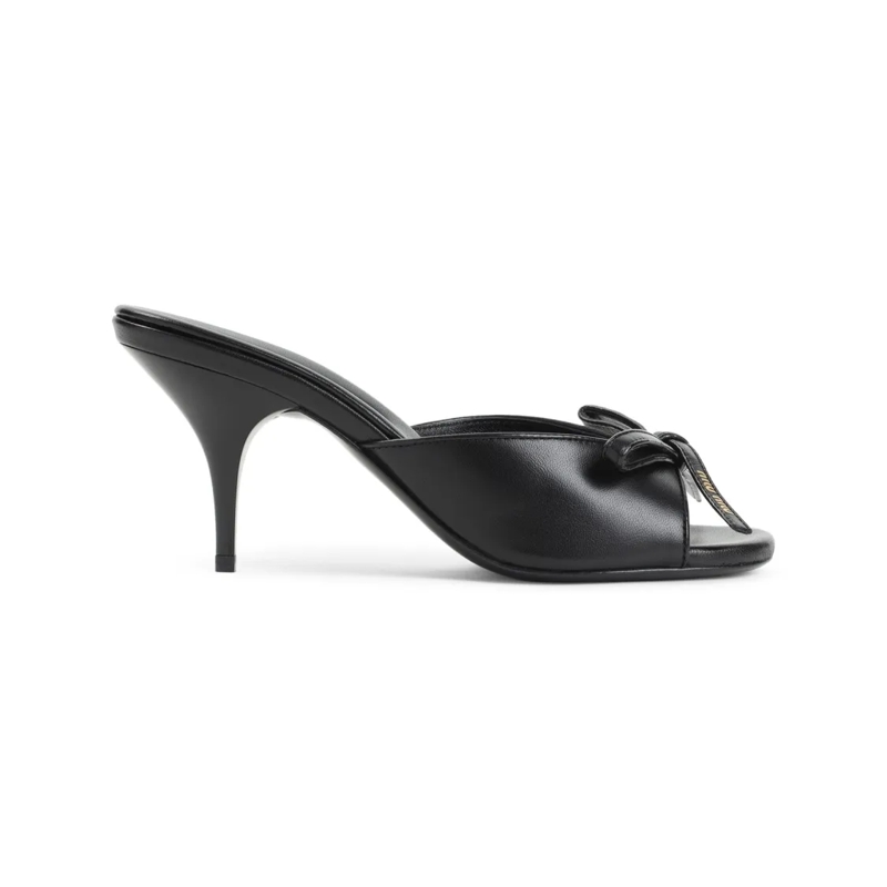 Miu Miu Pumps Open-Toe Black Lamb Leather Slippers With Bow Deta Black