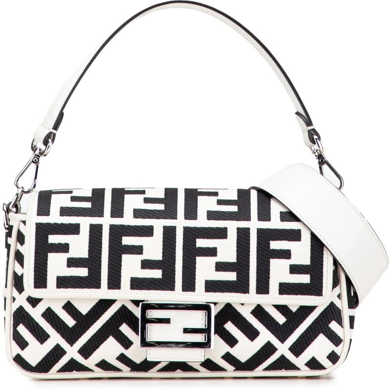 Fendi Schultertasche Zucca Embroidered Canvas Baguette Satchel weiß