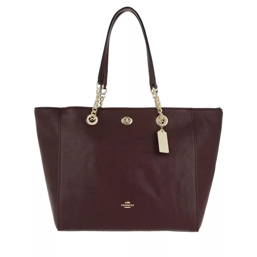 Coach Pebbled Leather Turnlock Chain Tote Oxblood Rymlig shoppingväska