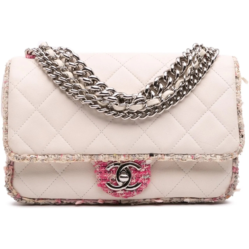 Chanel Sac à bandoulière Quilted Lambskin and Tweed Elegant Trim Flap weiß