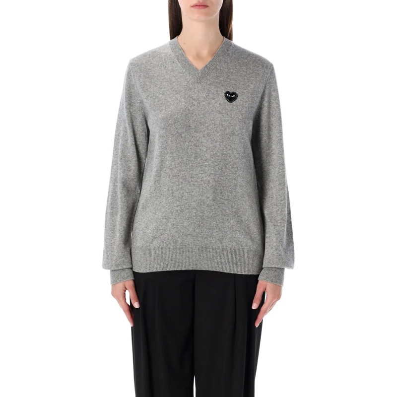 Comme des Garcons Pullover Play Wool V-Neck Sweater With Black Heart Grey