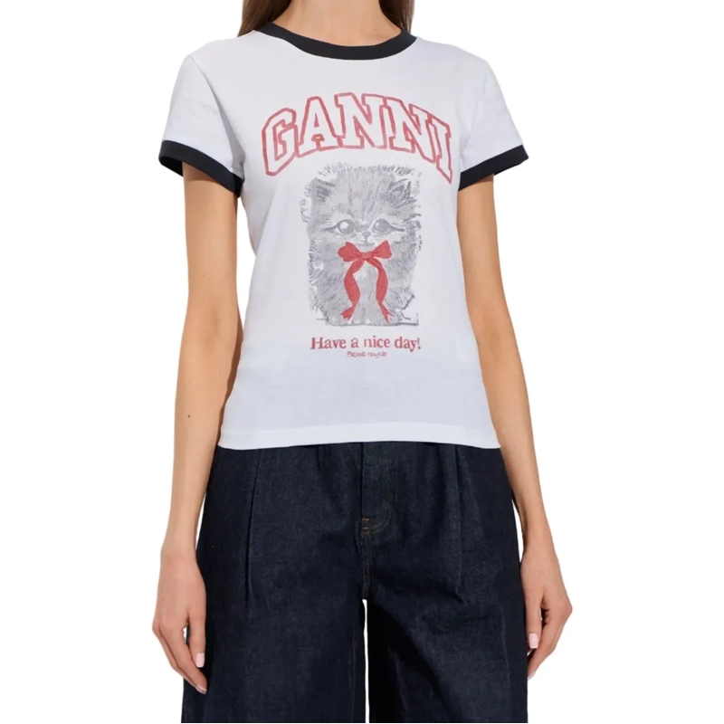 GANNI Bluse BASIC COTTON JERSEY MARGOT KITTY PRINT BRIGHT WHIT weiß