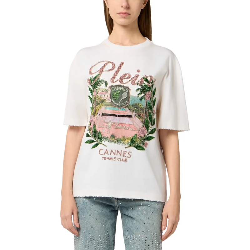 Philipp Plein T-Shirt Washed Man Fit T-Shirt Cannes Tennis Club weiss(Image 3)