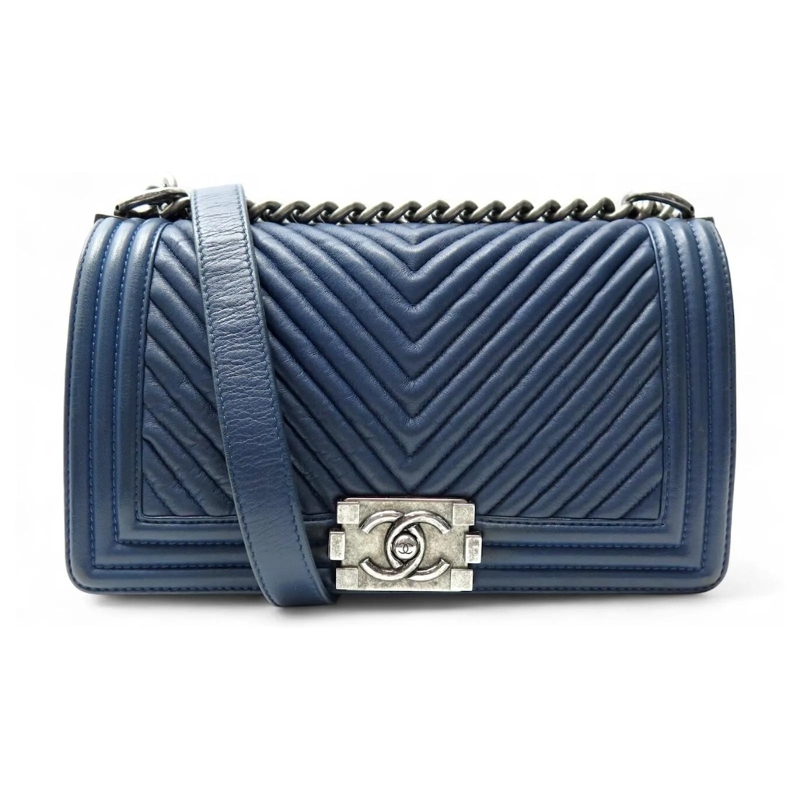 Chanel Crossbody Bag CHANEL BOY MEDIUM 25 CM CHEVRON BLAU LEDER HANDTAS blau